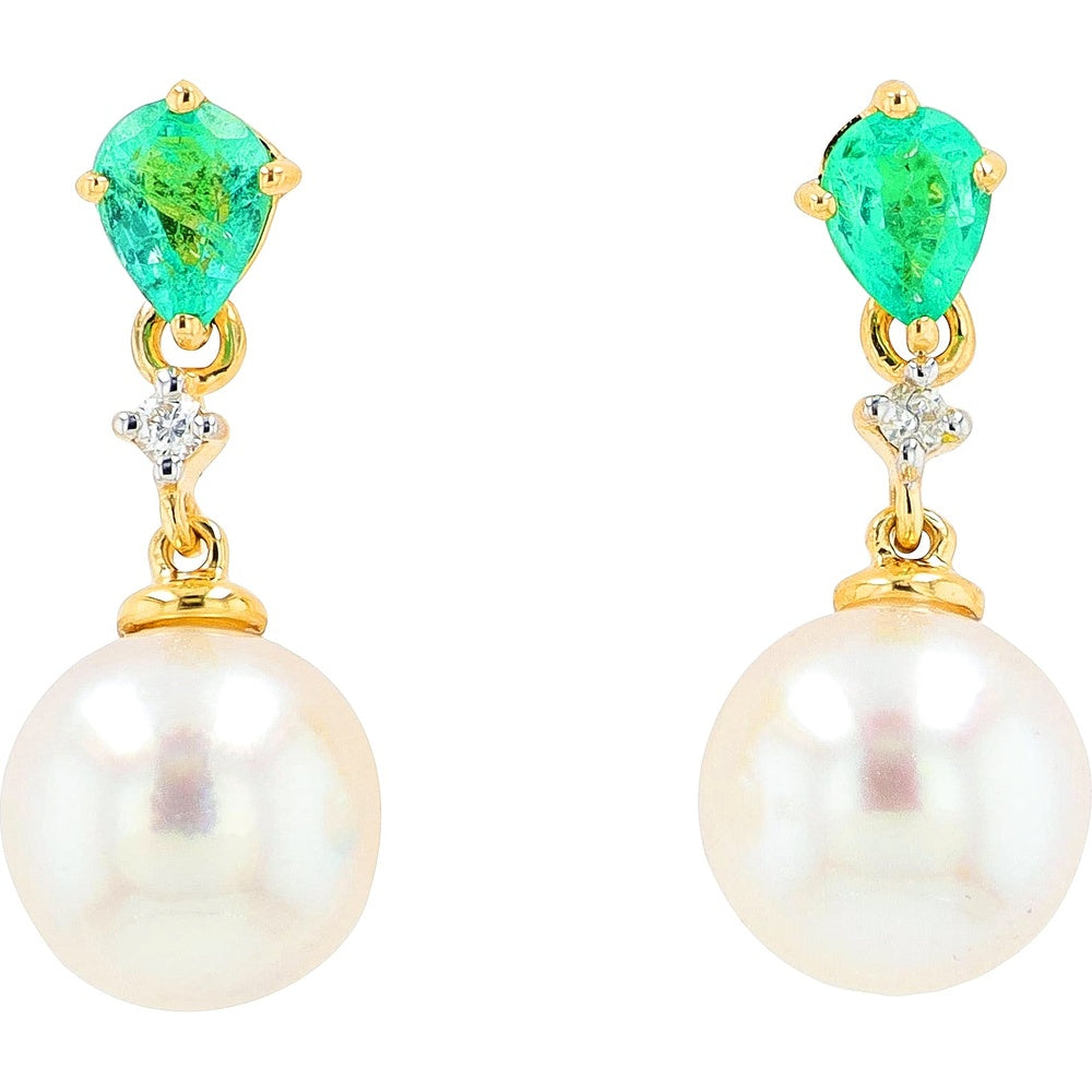EFFY 14K Yellow Gold Drop Earrings with Pear-Shaped Emeralds, Round Diamond Accents, and Akoya Pearls - 0.21 Carat Total Emerald Weight and 0.02 Carat Total Diamond Weight