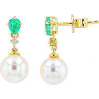 EFFY 14K Yellow Gold Drop Earrings with Pear-Shaped Emeralds, Round Diamond Accents, and Akoya Pearls - 0.21 Carat Total Emerald Weight and 0.02 Carat Total Diamond Weight