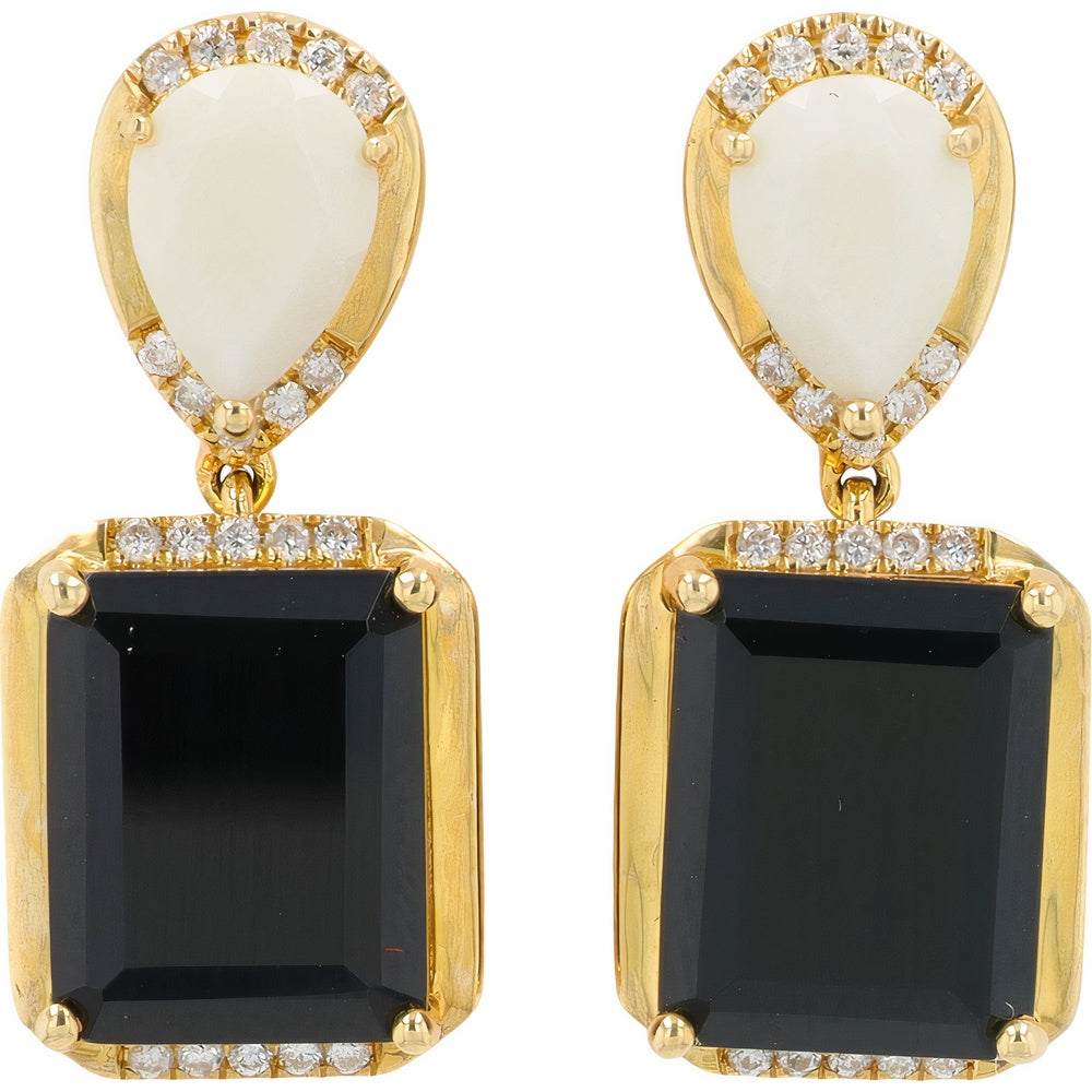 EFFY 14K Yellow Gold Drop Earrings with Pear-Shaped White Agate and Emerald-Cut Black Onyx - 7.00 Carat Total Gemstone Weight with 0.17 Carat Diamond Accents
