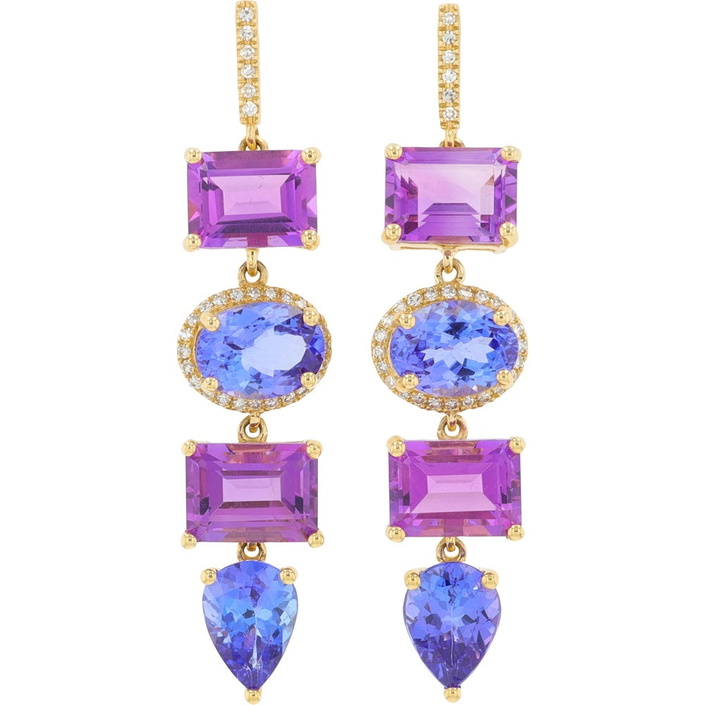 EFFY 14K Yellow Gold Drop Earrings with Rectangular Amethysts, Oval Tanzanites, and Diamond Halos - 10.60 Carat Total Gem Weight