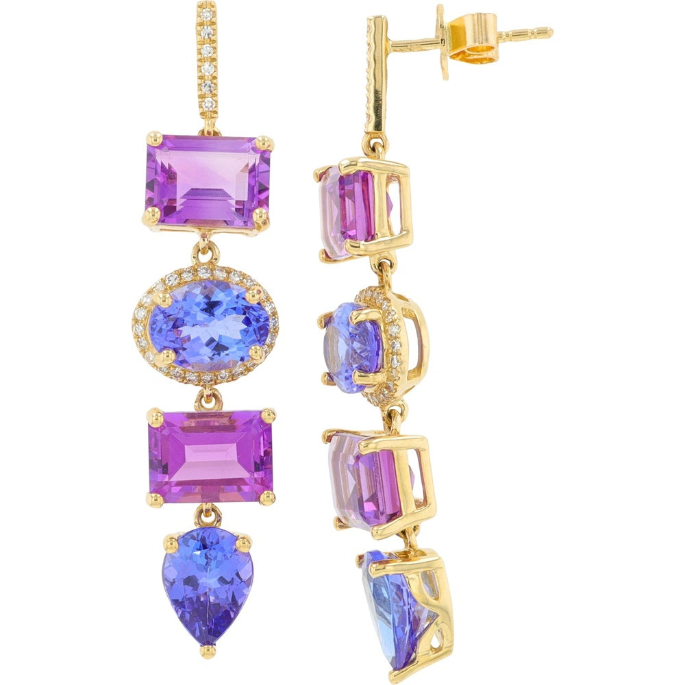 EFFY 14K Yellow Gold Drop Earrings with Rectangular Amethysts, Oval Tanzanites, and Diamond Halos - 10.60 Carat Total Gem Weight