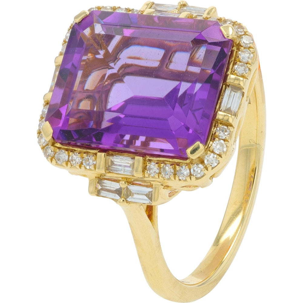 EFFY 14K Yellow Gold Emerald-Cut Amethyst Ring with Diamond Halo and Baguette Shoulders - 5.74 Carat Amethyst and 0.30 Carat Total Diamond Weight