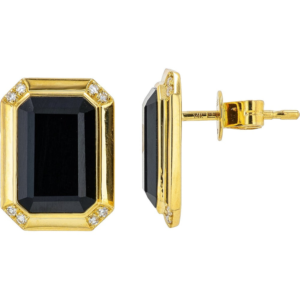 EFFY 14K Yellow Gold Emerald-Cut Black Onyx Stud Earrings with Diamond Corner Accents - 4.20 Carat Total Onyx Weight
