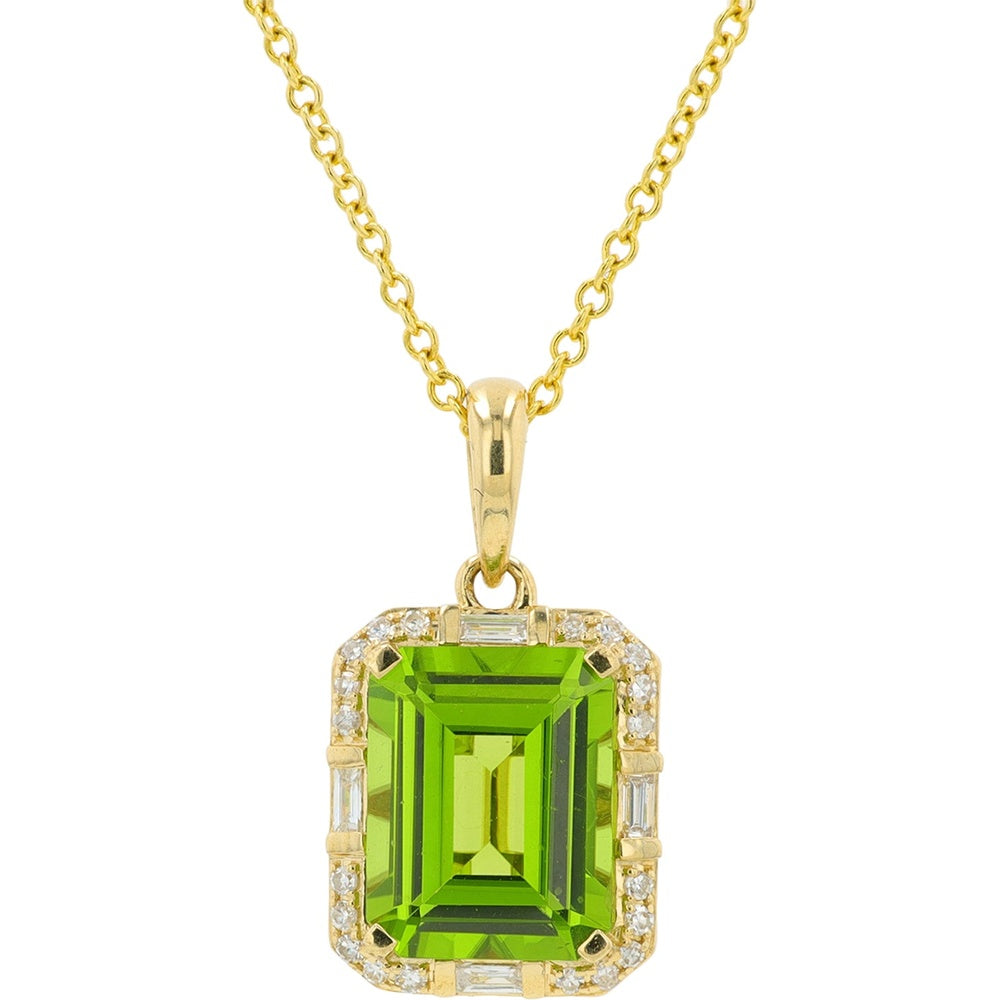 EFFY 14K Yellow Gold Emerald-Cut Peridot Pendant with Round and Baguette Diamond Halo - 3.33 Carat Peridot Weight and 0.15 Carat Total Diamond Weight