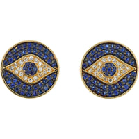 EFFY 14K Yellow Gold Evil Eye Stud Earrings with Round Pavé Sapphires and Diamonds - 0.84 Carat Total Sapphire Weight and 0.18 Carat Total Diamond Weight