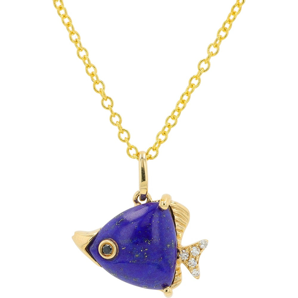 EFFY 14K Yellow Gold Fish Pendant with 1.50 Carat Lapis Lazuli and Diamond Accents - 0.02 Carat Total Diamond Weight