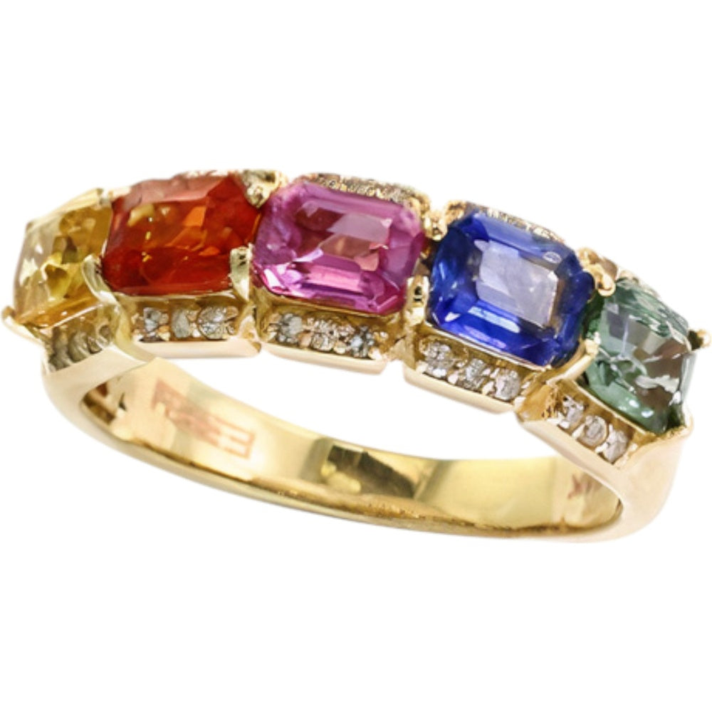 EFFY 14K Yellow Gold Five-Stone Band with Cushion-Cut Multicolor Sapphires and Diamond Accents - 2.44 Carat Total Sapphire Weight and 0.15 Carat Total Diamond Weight
