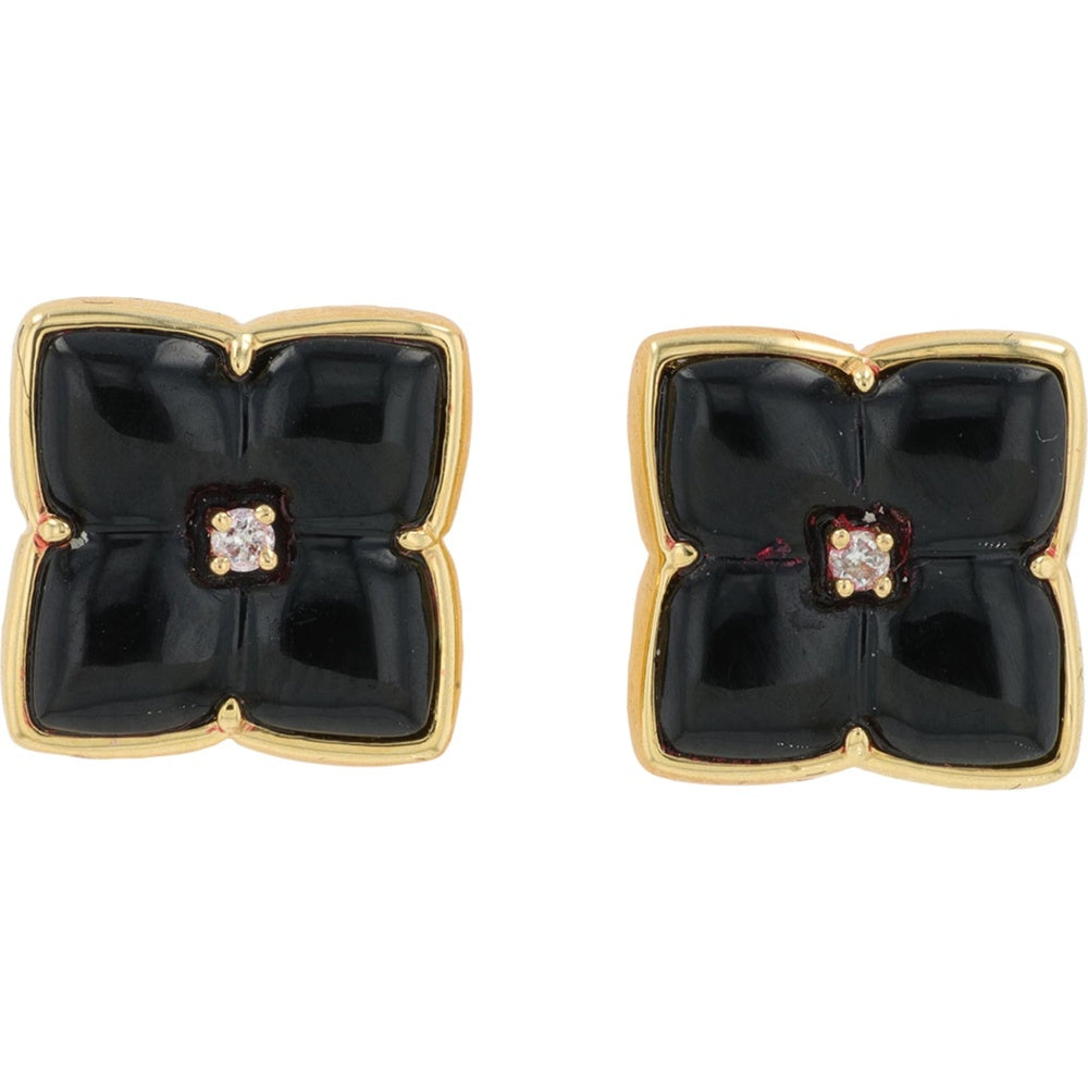 EFFY 14K Yellow Gold Floral Black Onyx Stud Earrings with Diamond Center - 2.45 Carat Total Onyx Weight, 0.01 Carat Total Diamond Weight