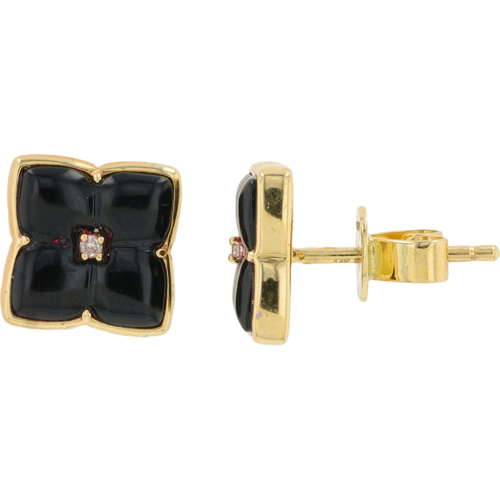 EFFY 14K Yellow Gold Floral Black Onyx Stud Earrings with Diamond Center - 2.45 Carat Total Onyx Weight, 0.01 Carat Total Diamond Weight