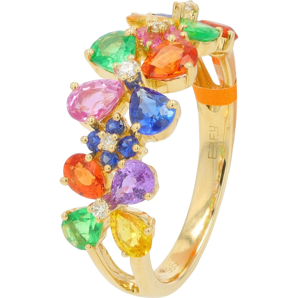 EFFY 14K Yellow Gold Floral Cluster Ring with Multi-Colored Pear and Round Sapphires - 2.38 Carat Total Gem Weight with Diamond Accents