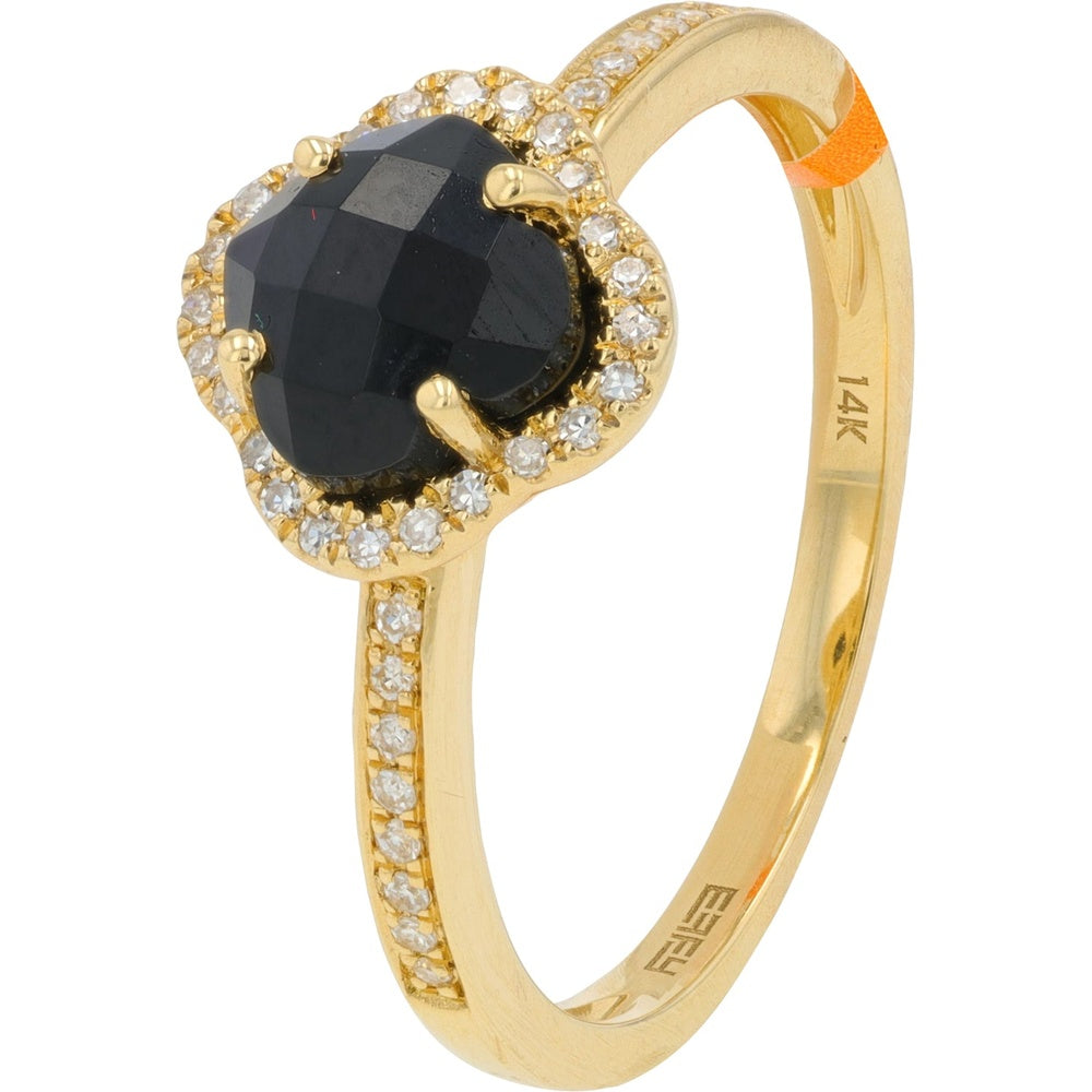 EFFY 14K Yellow Gold Floral Halo Ring with Faceted Black Onyx and Diamond Accents - 1.05 Carat Onyx Total Weight and 0.10 Carat Diamond Total Weight