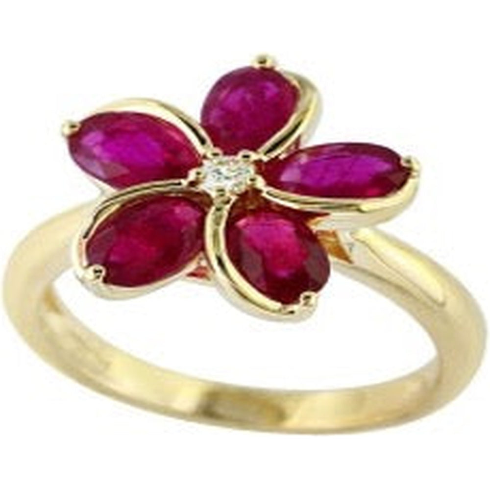 EFFY 14K Yellow Gold Floral Ring with Oval-Cut Rubies and Diamond Accent - 2.85 Carat Total Ruby Weight