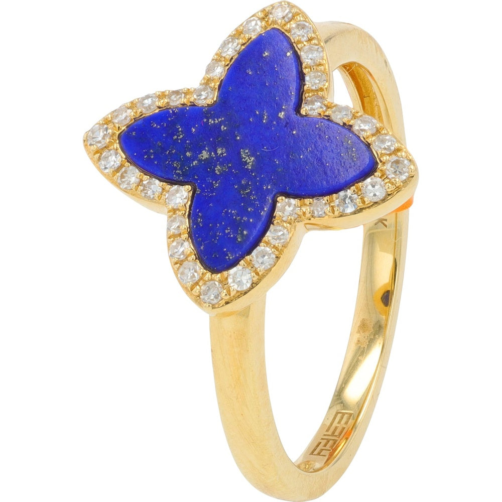 EFFY 14K Yellow Gold Flower Ring with Halo Set Round Diamonds and 1.10 Carat Lapis Lazuli Center