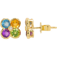 EFFY 14K Yellow Gold Four-Leaf Clover Multi-Gemstone Stud Earrings with Center Diamond Accents - 2.25 Carat Total Multi-Gemstone Weight and 0.02 Carat Total Diamond Weight