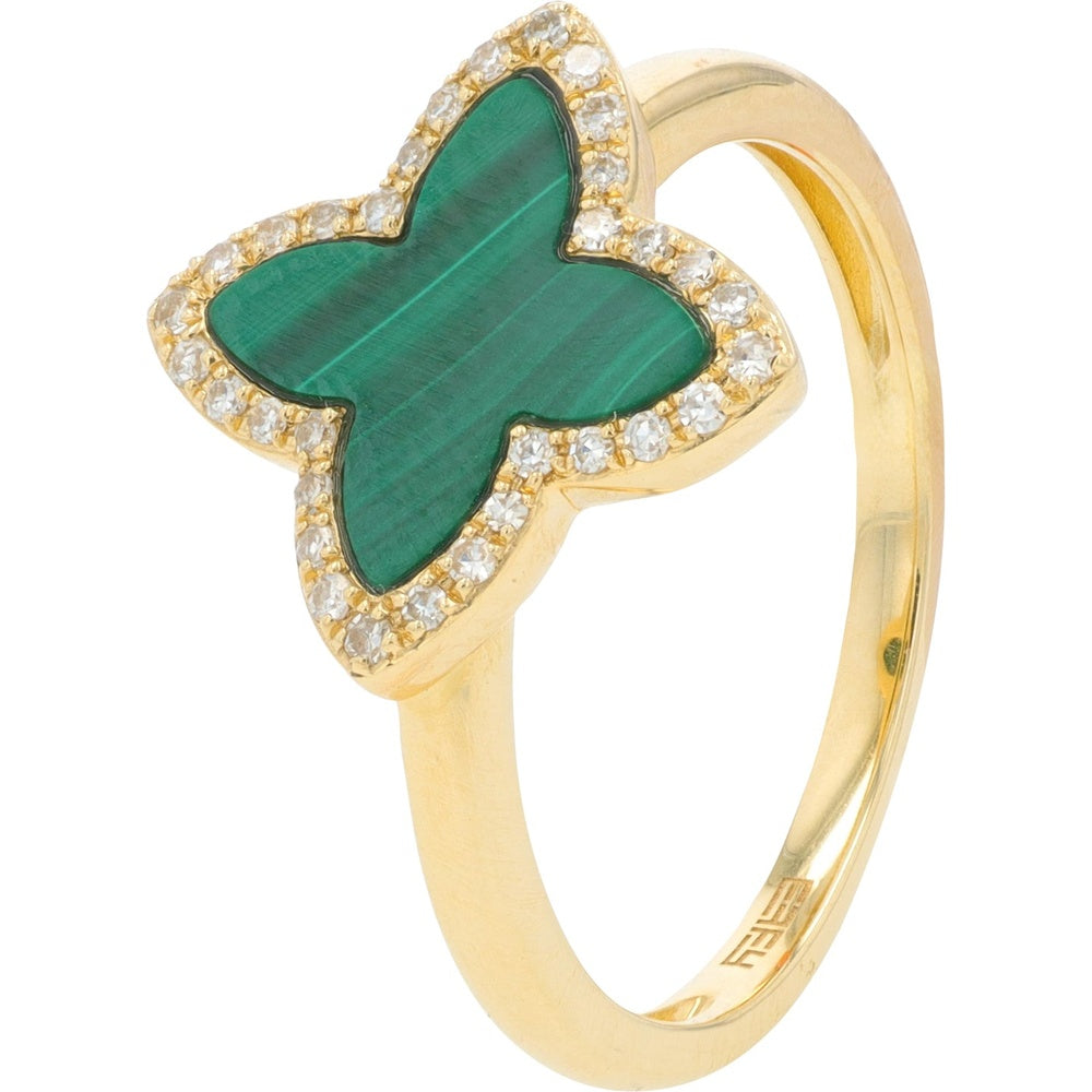 EFFY 14K Yellow Gold Four-Leaf Clover Ring with 1.10 Carat Malachite and 0.11 Carat Diamond Halo
