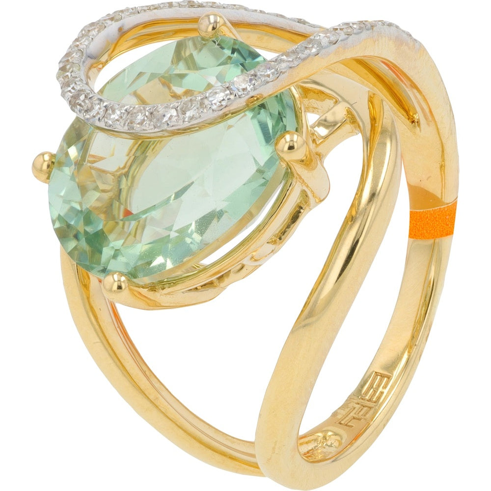 EFFY 14K Yellow Gold Free-Form Ring with 4.50 Carat Oval Green Amethyst and 0.21 Carat Diamond Accent