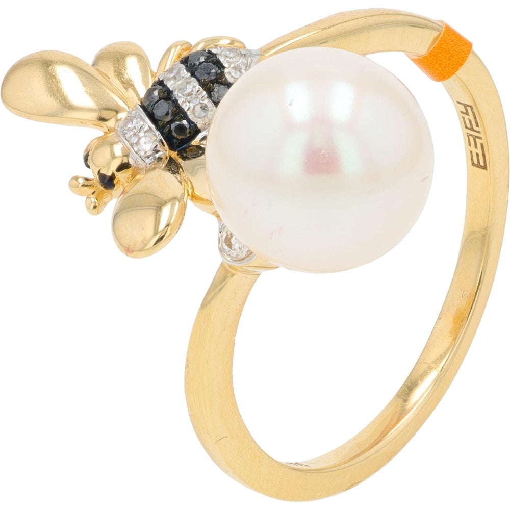 EFFY 14K Yellow Gold Freshwater Pearl Bypass Ring with Diamond and Black Stone Accented Bee Motif - 0.09 Carat Total Diamond Weight