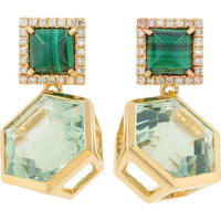 EFFY 14K Yellow Gold Geometric Drop Earrings with Faceted Green Amethyst and Malachite Halo Diamonds - 10.00 Carat Total Gem Weight