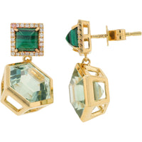 EFFY 14K Yellow Gold Geometric Drop Earrings with Faceted Green Amethyst and Malachite Halo Diamonds - 10.00 Carat Total Gem Weight