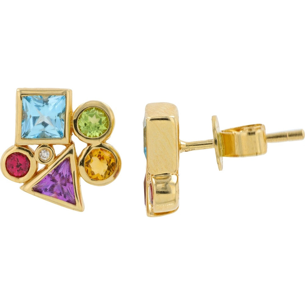 EFFY 14K Yellow Gold Geometric Multi-Gemstone Stud Earrings with Bezel Settings and Diamond Accent - 1.65 Carat Total Gem Weight