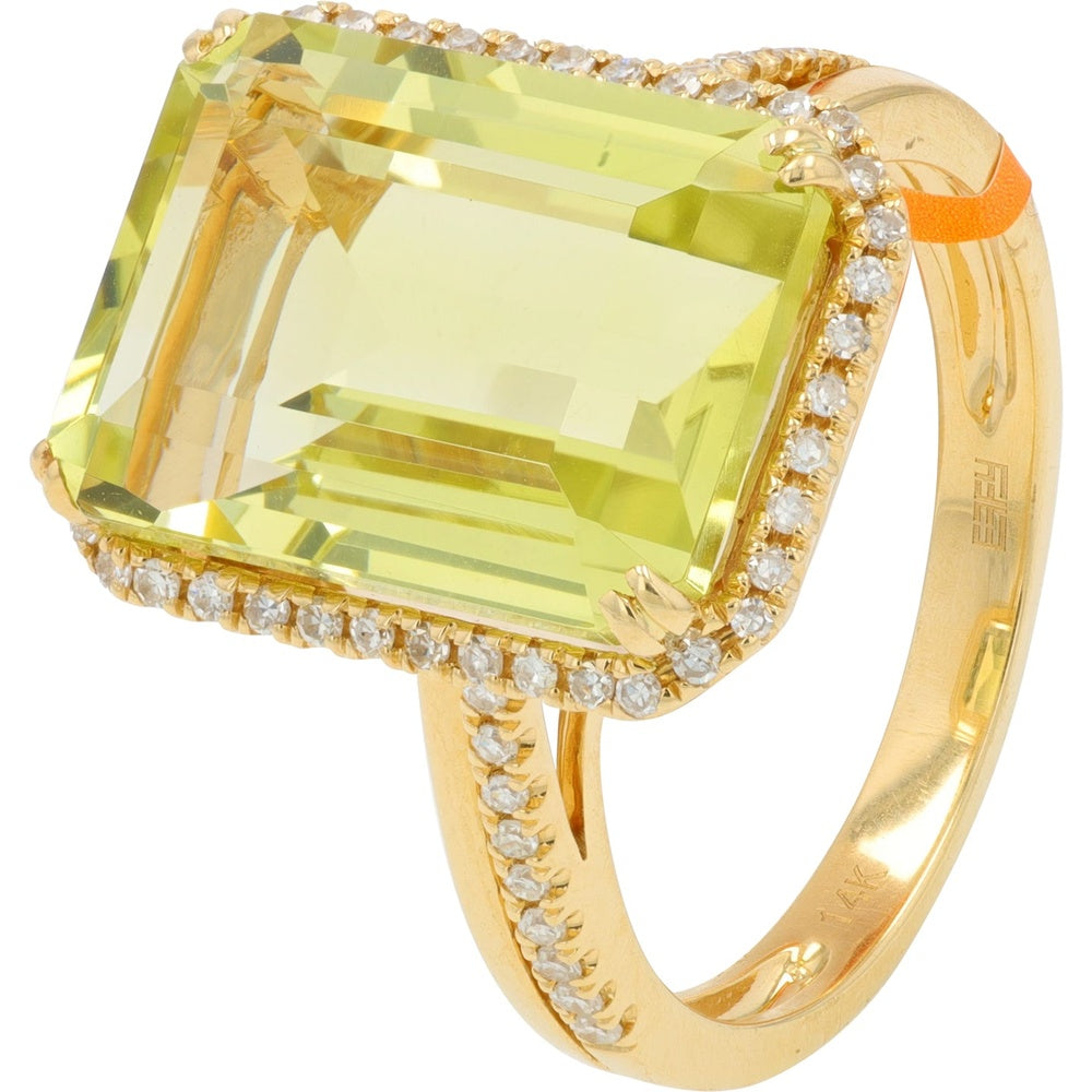 EFFY 14K Yellow Gold Halo Ring with 7.00 Carat Step-Cut Lemon Quartz and 0.22 Carat Round Diamonds