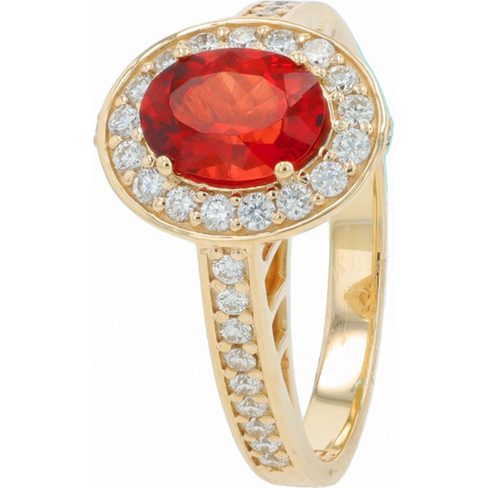 EFFY 14K Yellow Gold Halo Ring with Oval Mexican Fire Opal and Pavé Diamonds - 1.00 Carat Fire Opal and 0.50 Carat Total Diamond Weight