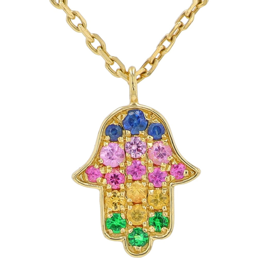 EFFY 14K Yellow Gold Hamsa Pendant with Round-Cut Multicolor Sapphires and Tsavorite - 0.27 Carat Total Gem Weight on 18-Inch Cable Chain