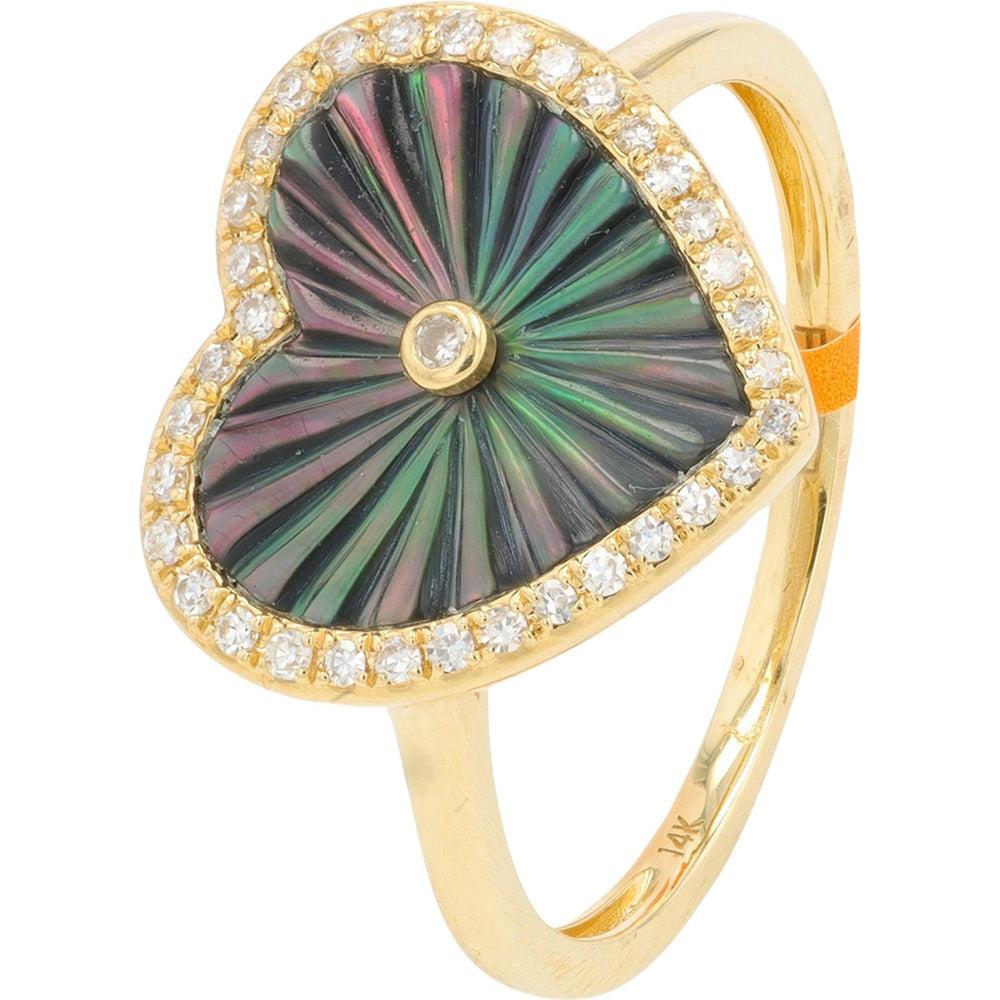 EFFY 14K Yellow Gold Heart Shaped Mother of Pearl Ring with Halo Set Round Diamonds - 0.11 Carat Total Diamond Weight