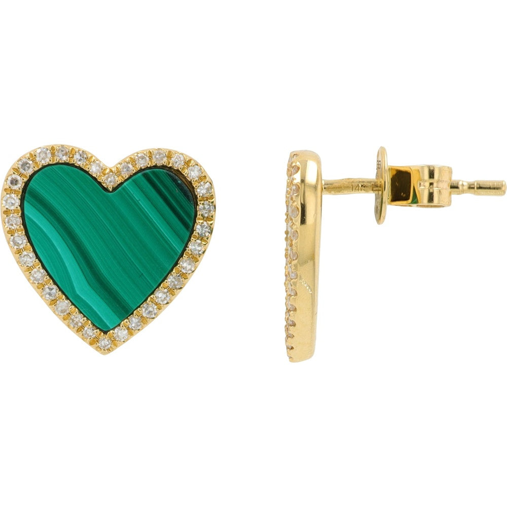 EFFY 14K Yellow Gold Heart Stud Earrings with Malachite and Diamond Halo - 4.50 Carat Total Malachite Weight and 0.22 Carat Total Diamond Weight
