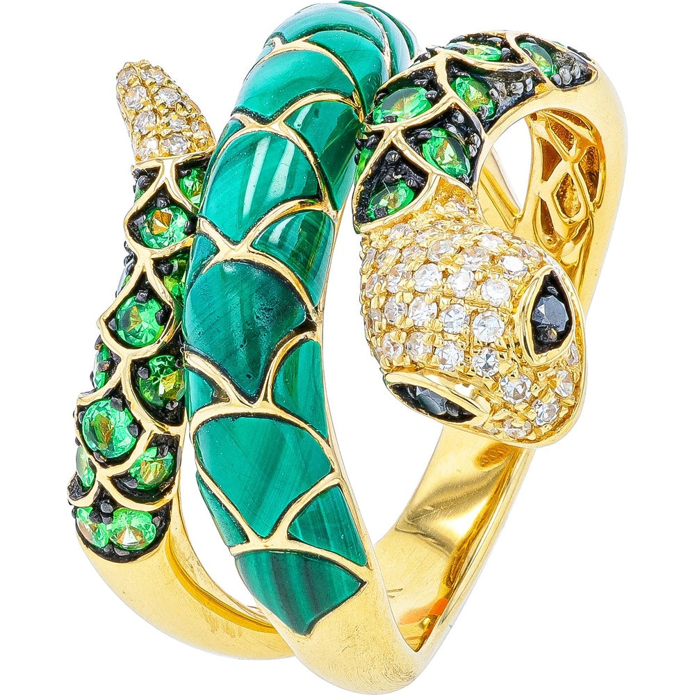 EFFY 14K Yellow Gold Malachite Inlay Snake Bypass Ring with Round Tsavorites and Pavé Diamonds - 1.85 Carat Total Tsavorite Weight and 0.26 Carat Total Diamond Weight