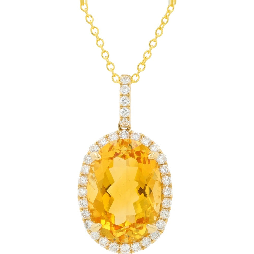 EFFY 14K Yellow Gold Oval Citrine Pendant with Diamond Halo - 5.80 Carat Citrine and 0.40 Carat Total Diamond Weight on an 18-Inch Chain