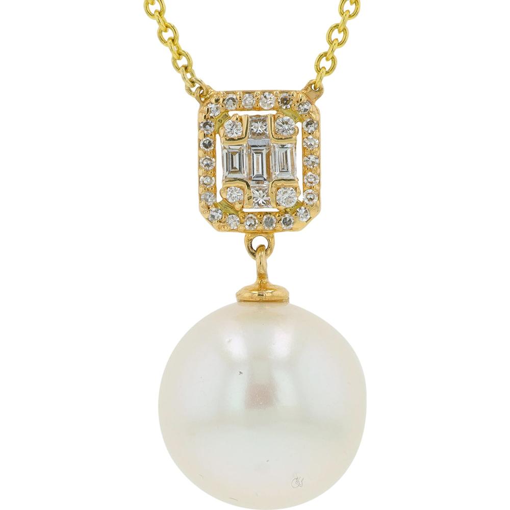 EFFY 14K Yellow Gold Pearl Drop Pendant Necklace with Diamond Halo Accents - 0.32 Carat Total Diamond Weight, 18" Chain