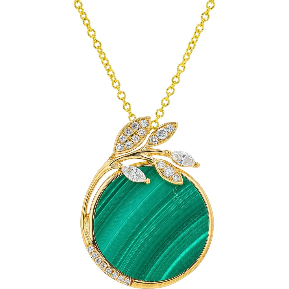 EFFY 14K Yellow Gold Pendant Necklace with 5.15 Carat Round Malachite and Pave Diamond Leaf Accents - 0.24 Carat Total Diamond Weight