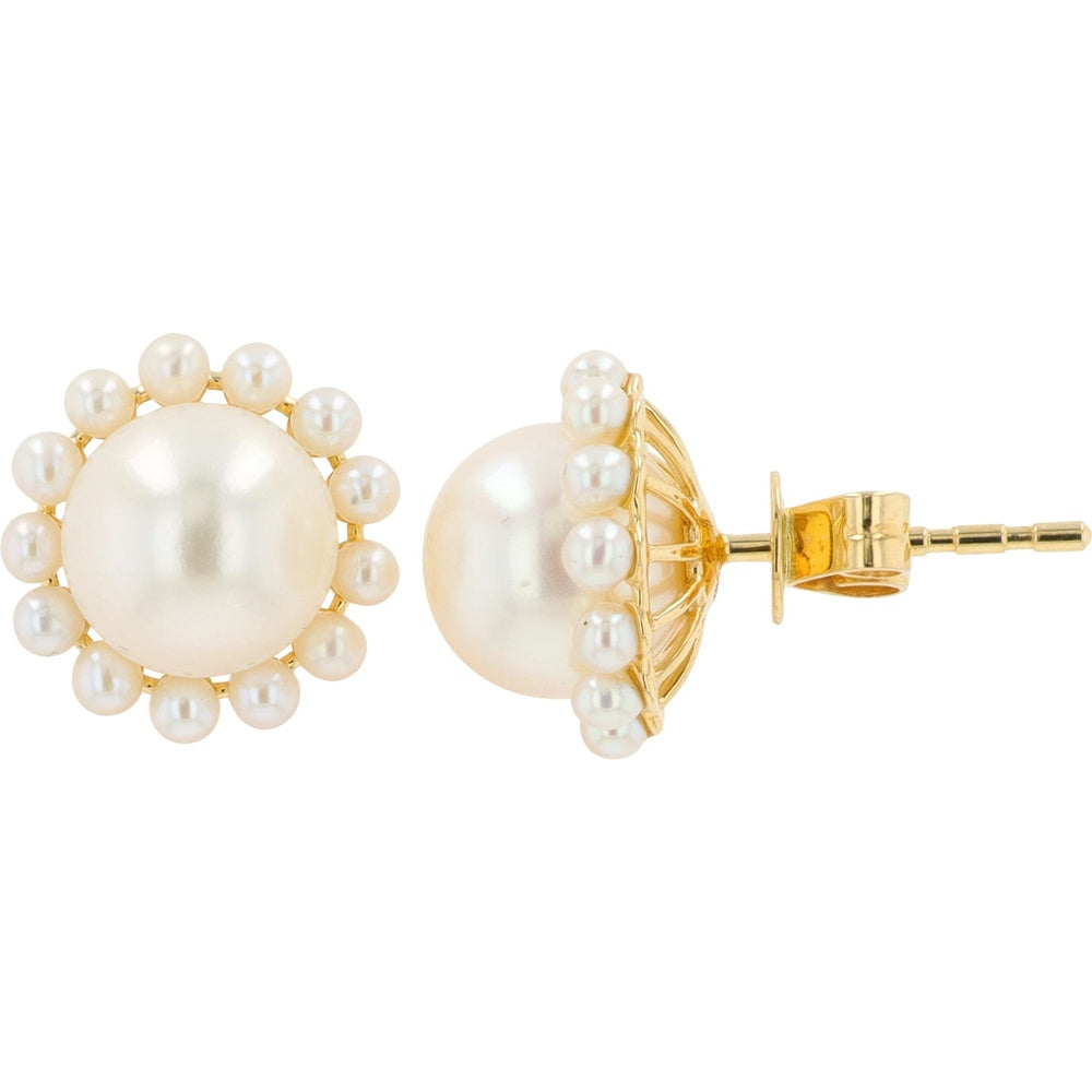 EFFY 14K Yellow Gold Round Freshwater Pearl Halo Stud Earrings with Secure Post Backs