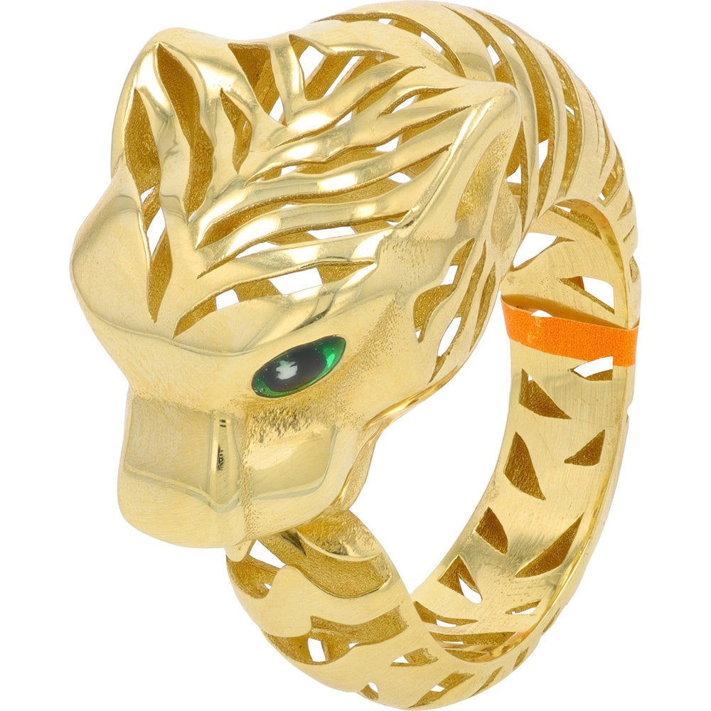 EFFY 14K Yellow Gold Sculptural Panther Ring with Green Enamel Eye - Bold Animal Motif Statement Ring
