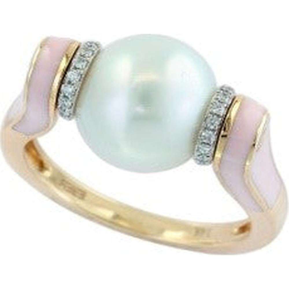 EFFY 14K Yellow Gold South Sea Pearl Ring with Pink Enamel Shoulders and Diamond Accents - 0.11 Carat Total Diamond Weight
