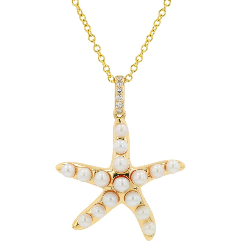 EFFY 14K Yellow Gold Starfish Pendant Necklace with Fresh Water Pearls and Round Diamond Bail Accent - 18 Inch Chain Length