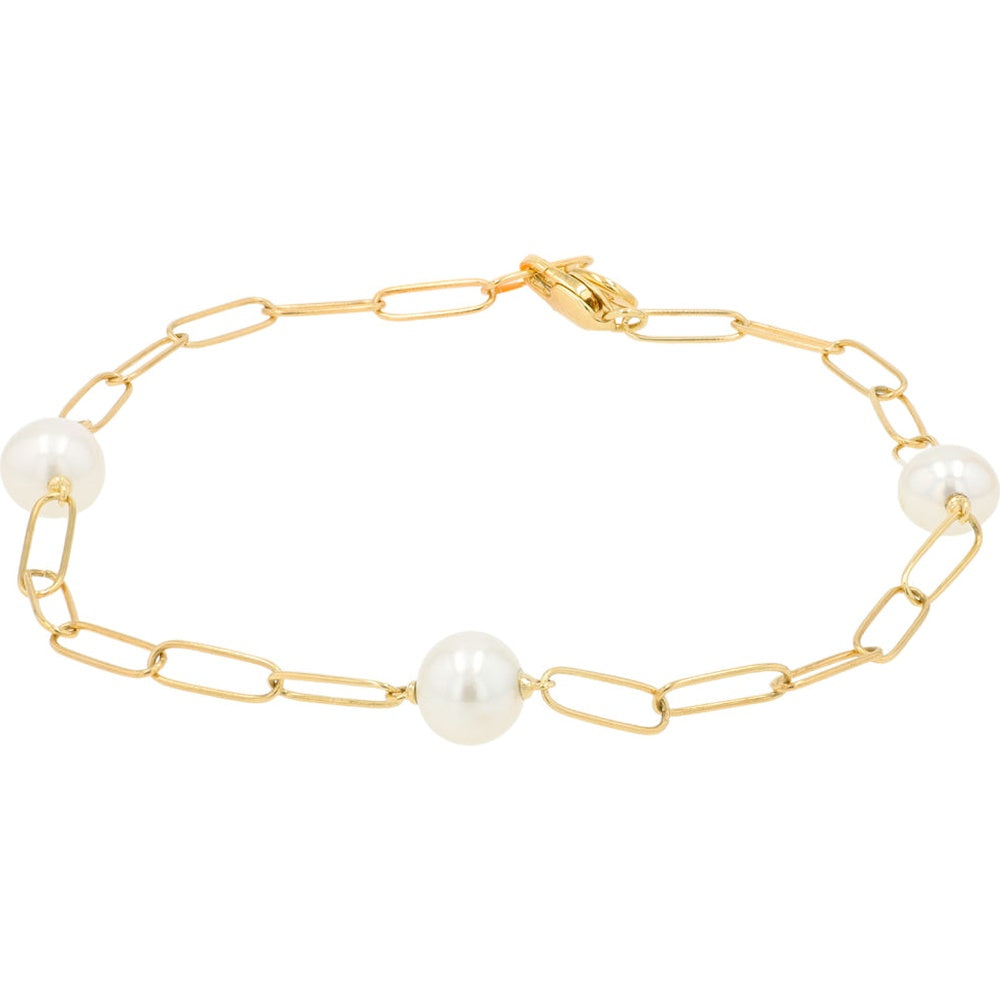 EFFY 14K Yellow Gold Station Bracelet with Lustrous Freshwater Pearls on Paperclip Chain - 8 Inch Length
