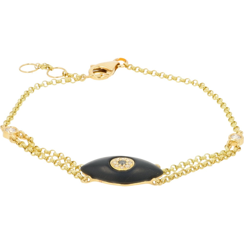 EFFY 14K Yellow Gold Station Bracelet with Marquise Onyx Evil Eye and Halo Set Round Diamonds - 1.20 Carat Onyx and 0.14 Carat Total Diamond Weight