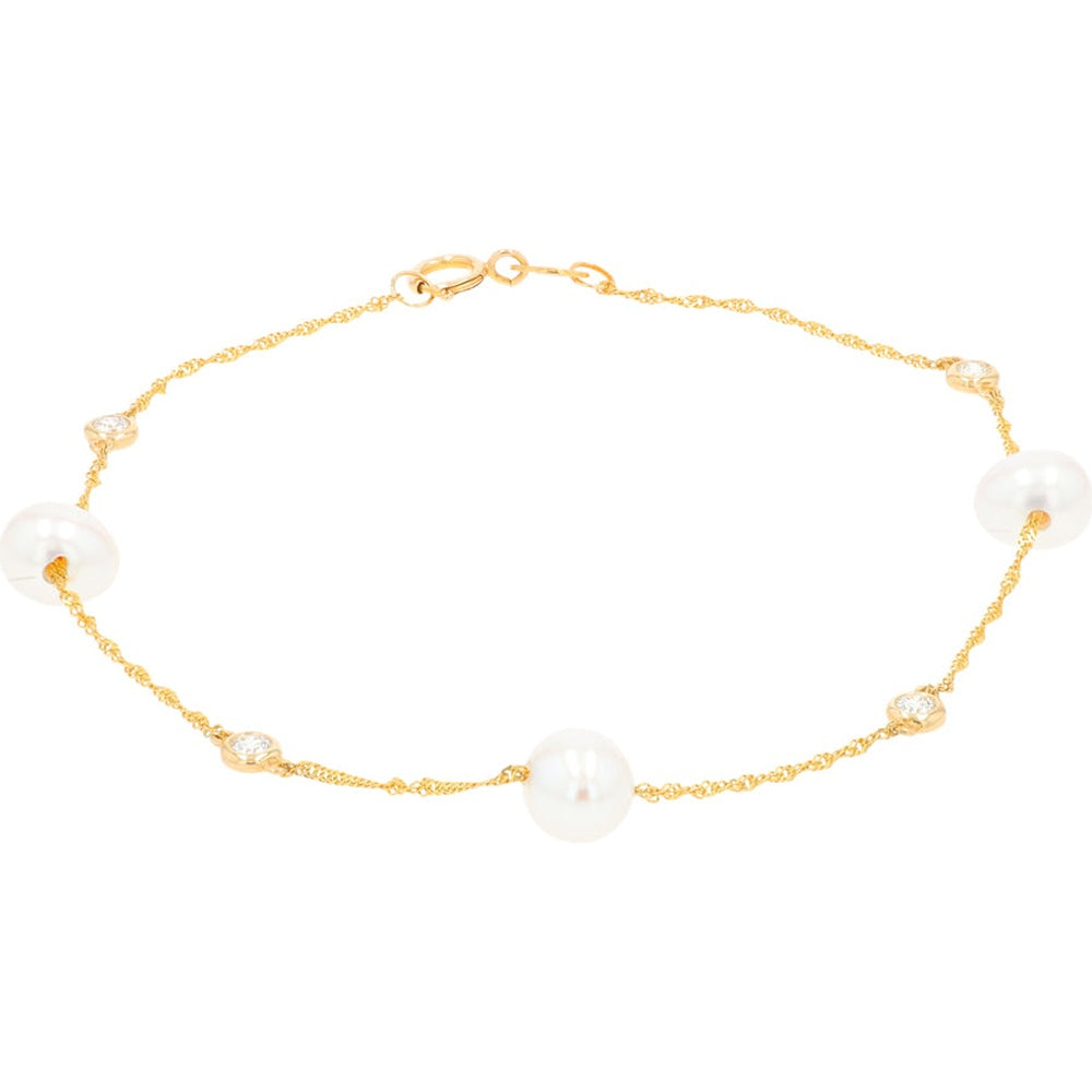 EFFY 14K Yellow Gold Station Bracelet with Round Diamond Accents and Freshwater Pearls - 0.13 Carat Total Diamond Weight