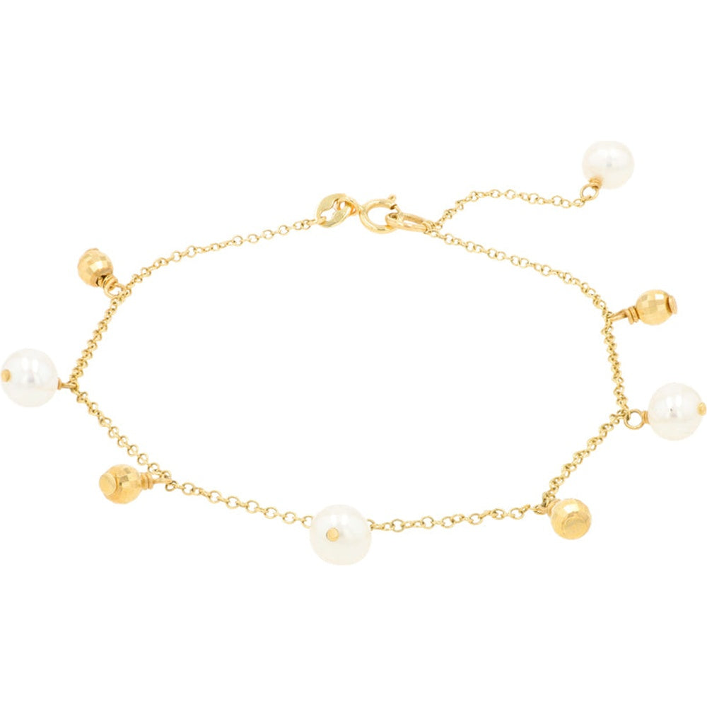 EFFY 14K Yellow Gold Station Charm Bracelet with Lustrous Freshwater Pearls and Polished Gold Beads - 7.5 Inch Length