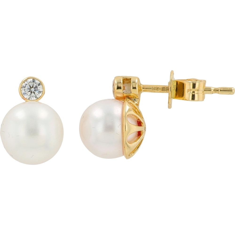 EFFY 14K Yellow Gold Stud Earrings with Bezel-Set Round Diamonds and Freshwater Pearls - 0.13 Carat Total Diamond Weight