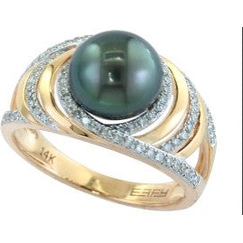 EFFY 14K Yellow Gold Tahitian Pearl Swirl Ring with Pavé Diamond Halo Accents - 0.34 Carat Total Diamond Weight
