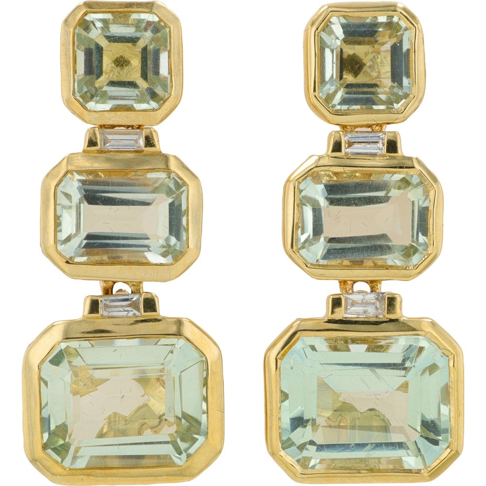 EFFY 14K Yellow Gold Tiered Drop Earrings with Emerald-Cut Green Amethysts and Baguette Diamond Accents - 8.00 Carat Total Gemstone Weight