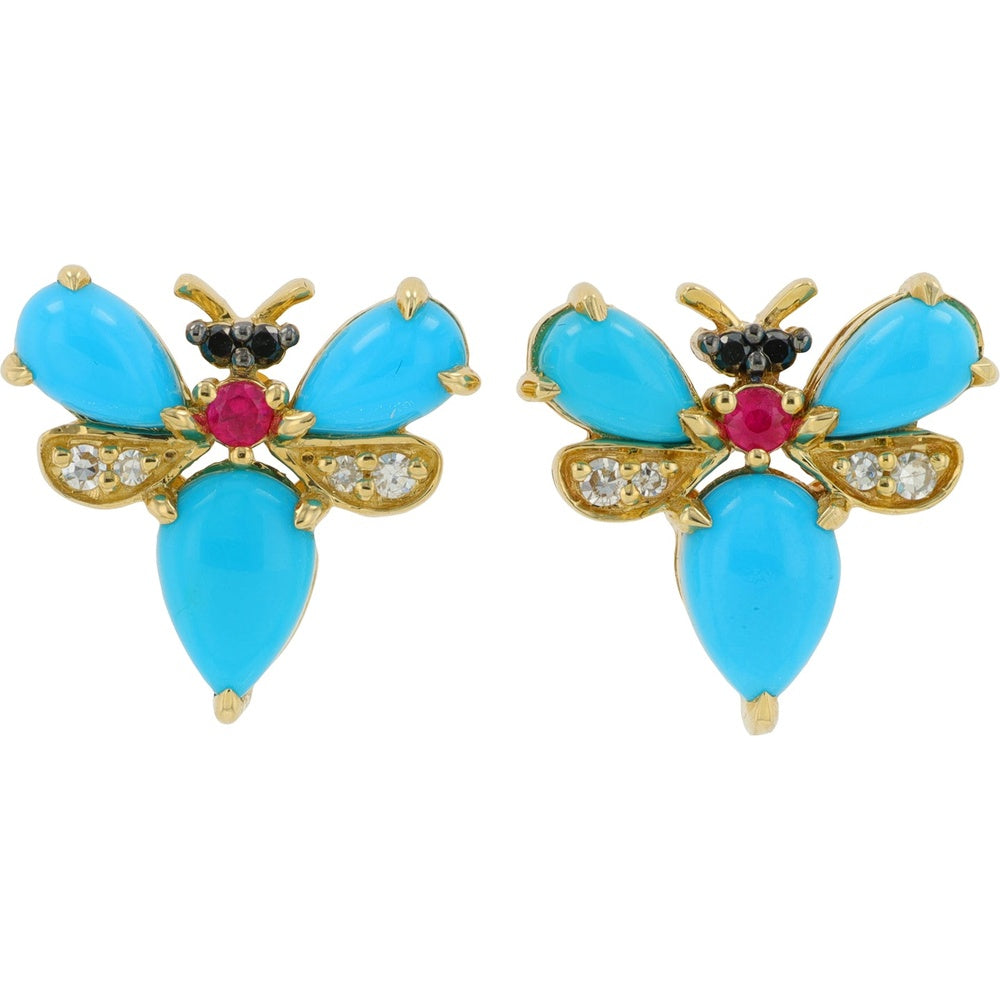 EFFY 14K Yellow Gold Turquoise and Ruby Bug Stud Earrings with Diamond Accents - 1.40 Carat Total Ruby Weight and 0.06 Carat Total Diamond Weight