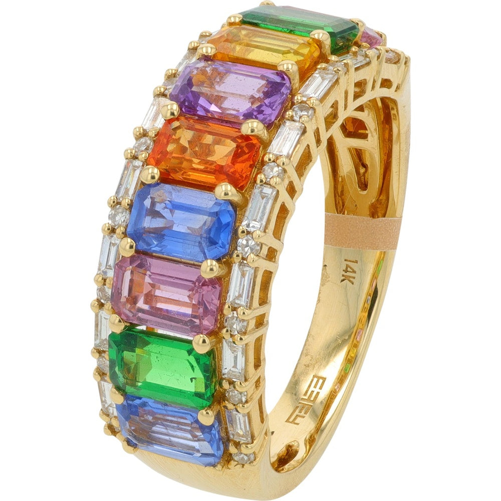 EFFY 14K Yellow Gold Vibrant Rainbow Step-Cut Multi Sapphire Ring with Baguette Diamond Accents - 3.17 Carat Total Sapphire Weight