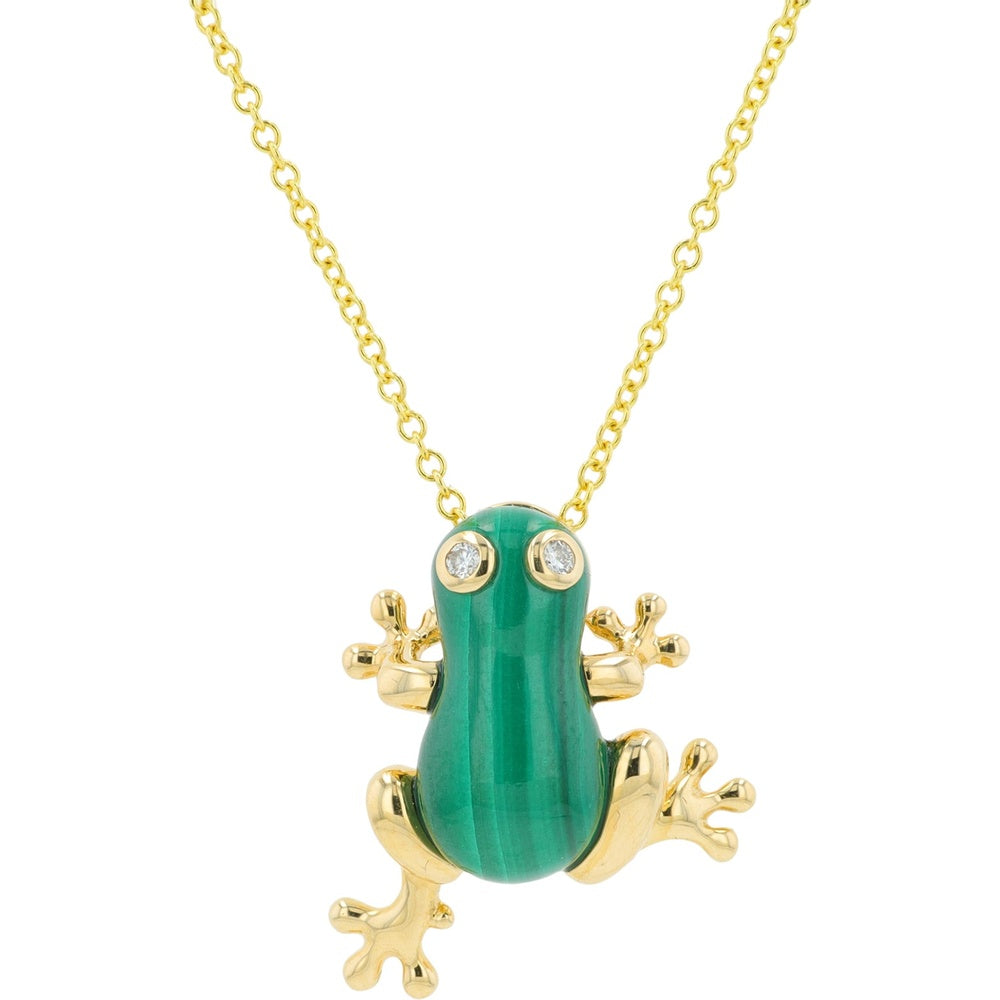 EFFY 14K Yellow Gold Whimsical Frog Pendant with Bezel-Set Round Diamonds and 4.00 Carat Carved Malachite