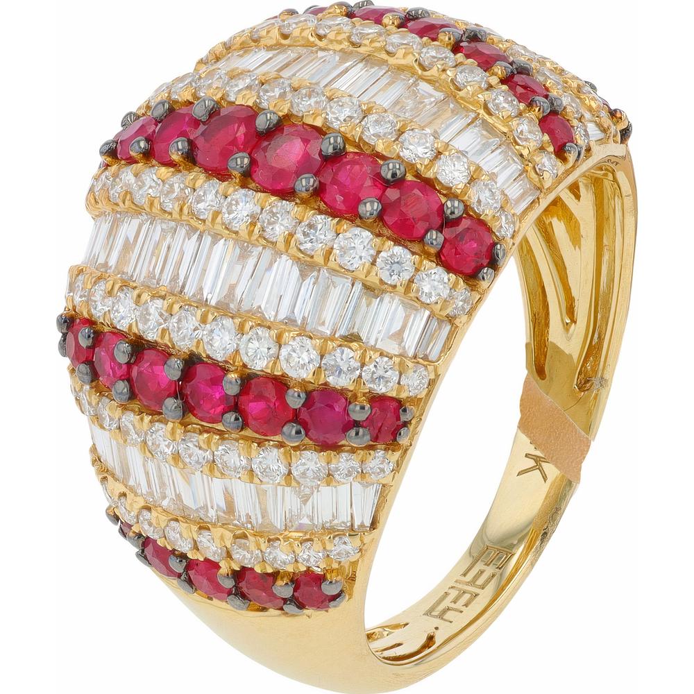 EFFY 14K Yellow Gold Wide Dome Band Ring with Alternating Round Rubies and Baguette & Round Diamonds - 1.30 Carat Total Ruby Weight and 1.43 Carat Total Diamond Weight