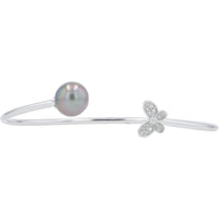 EFFY 18K White Gold Open Cuff Bangle with Genuine Tahitian Pearl and Pavé-Set Diamond Butterfly Motif - 0.09 Carat Total Diamond Weight