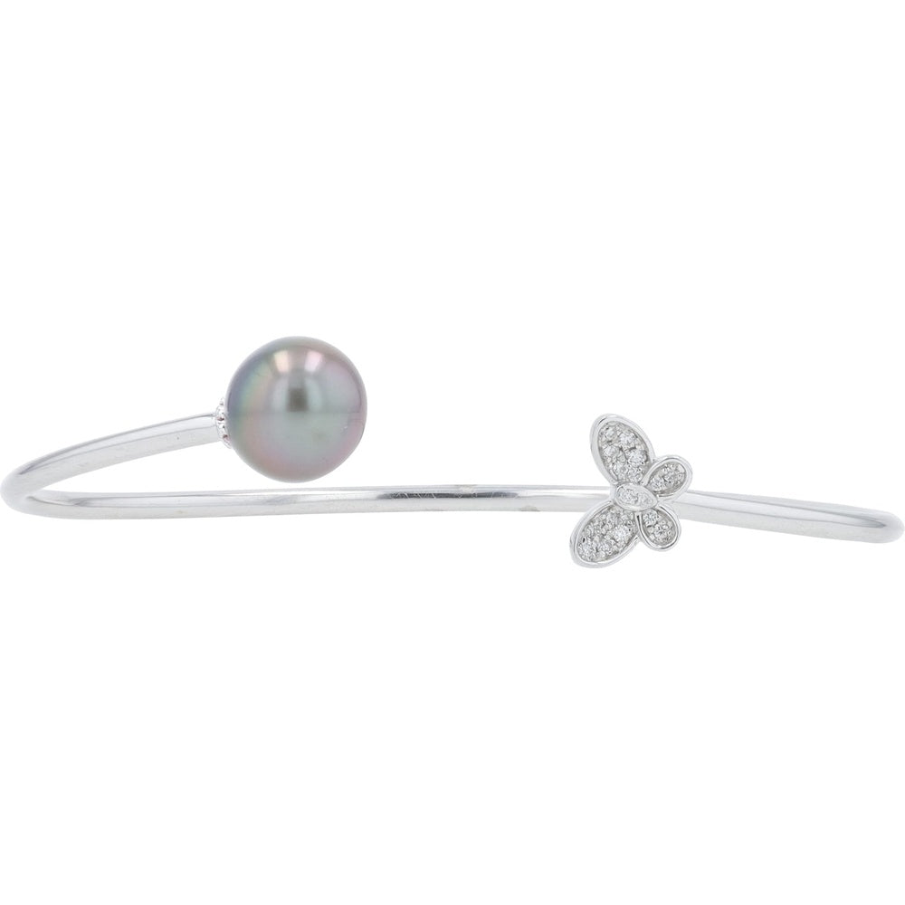 EFFY 18K White Gold Open Cuff Bangle with Genuine Tahitian Pearl and Pavé-Set Diamond Butterfly Motif - 0.09 Carat Total Diamond Weight